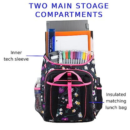 FUEL Top Loader Teens Student Water Resistant Backpack Set Lunch Bookbag Bag Soft Reusable Insulated Cooler Lunch Box Thermal Travel Office Lunch Bag, Floral - color: Floral