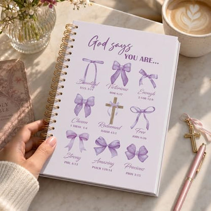 VONTP Bible Purple Bow Christian Notebook Journal for Women, 5.5 x 8.3 Inch | Christian Girl Energy Journal, Christian Study Notebook, Cute Preppy Bible Study Spiral Notebook for Bible Notes - color: 001-Purple