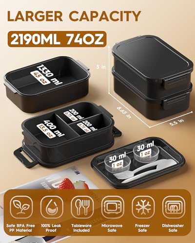 KEMETHY Adults Bento Lunch Box Set with Thermo Bag, 74oz Stackable Leak-proof 3-tiers Bento Box, Built-in Utensil and Sauce Container for Work, School, Dining Out (Black) - color: Elegant Black