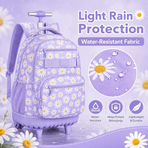 gxtvo Girls Rolling Backpack, Women Roller Bookbag with Lunch Box for Adults, Water Resistant Wheeled School Bag for College Teens Kids Travel - Purple Flower - color: Chrysanthemum Purple