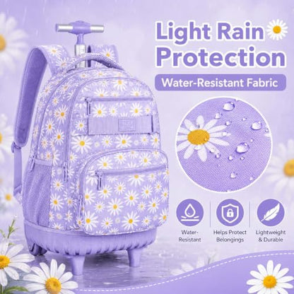 gxtvo Girls Rolling Backpack, Women Roller Bookbag with Lunch Box for Adults, Water Resistant Wheeled School Bag for College Teens Kids Travel - Purple Flower - color: Chrysanthemum Purple