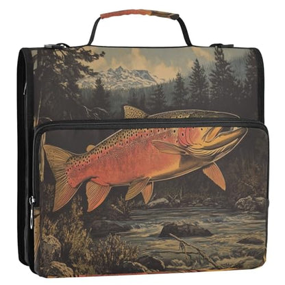 Cute Fish Trout Zipper Binder Bag 3 Ring with Handle Shoulder Strap, Binder File Organizer Bag Storage Case for Work Office School