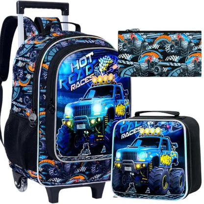 CCJPX 3Pcs Truck Rolling Backpack for Boys, 18" Kids Wheeled Bookbag with Lunch Box, Lightweight Roller School Bag for Elementary Preschool(Black) - color: Blue Truck