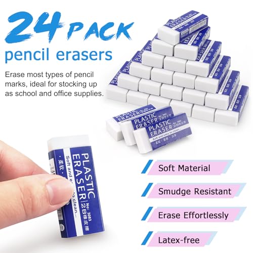 Tamaki Erasers, Large, White, 24 Pack | Erasers for School Office, Art Eraser for Drawing