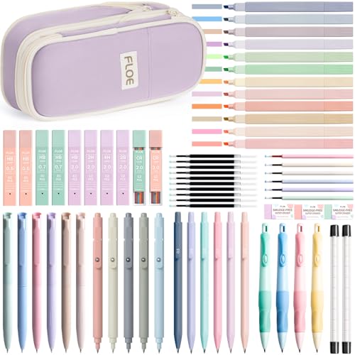 65PCS Aesthetic School Supplies Back to School Supplies Cute Stationary Set | College Essentials Kit with Pencil Case, Pastel Highlighters Gel Pens Mechanical Pencil Set 0.5 0.7 & 2.0mm for Student Girls - color: Purple