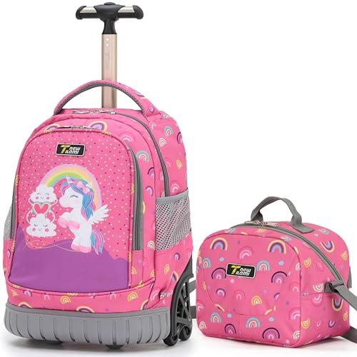 NEW TILAMI 16 Inch Rolling Backpack with Lunch Bag for Kids Adjustable Handle Carry-on Suitcase Wheels for Girls Boys School Travel Camping, Pink Rainbow Unicorn - color: Pink Rainbow Unicorn
