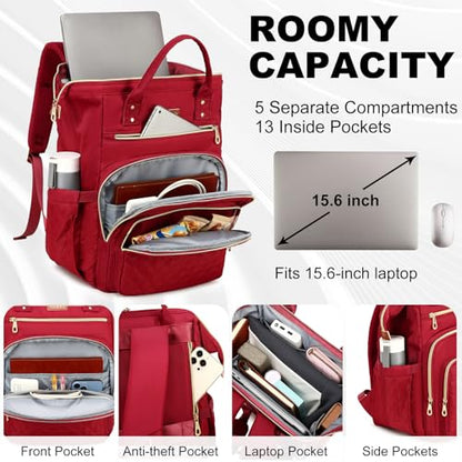 AIJIEKE Lunch Backpack for Women, 15.6 Laptop Backpack, Lunch Box, Red | Water resistant computer bag with insulated leakproof cooler. Travel meal prep backpack for nurse, teacher, college commute - color: Red