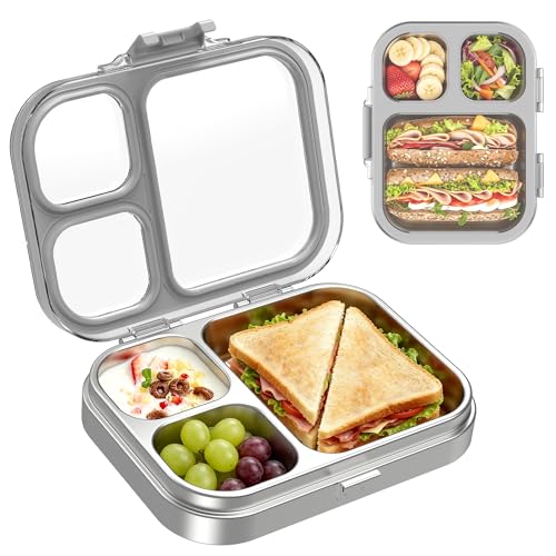 LOHASOK Kids Stainless Steel Lunch Bento Box BPA-Free Leak-Proof Tritan Lid 304 Metal Food Container with 3 Compartments for Girls Boys School Grey - color: Gray, size: 27oz/800ml