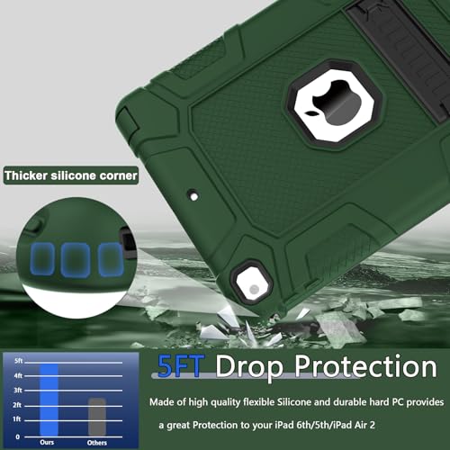 iPad 6th Generation Cases, iPad 5th Generation Case, iPad Air 2 Case, iPad 9.7 Case, Shockproof Rugged Drop Protection Cover Built with Kickstand for iPad 9.7'' A1893/A1954/A1822/A1823 - color: Darkgreen +Black