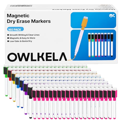 OWLKELA 160 Pcs Magnetic Dry Erase Markers with Eraser Cap, Fine Tip Whiteboard Markers with Eraser, Low Odor Dry Erase Marker Set for School Office Home, 8 Color - size: 1 Count (Pack of 160)