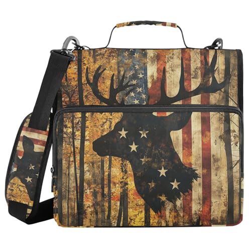 Zipper Binder Deer America Camo Moose Decor Trapper Keeper 3 Ring Binder Bag Multiple Pockets & Storage Organizer, 500 Sheet Capacity with Shoulder Strap - color: Multi-deer Retro