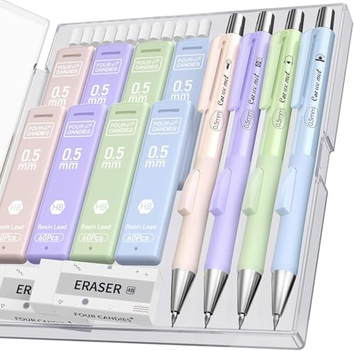 Four Candies Cute Mechanical Pencil Set with Case, 4PCS 0.5mm Pastel Fast Click Aesthetic Mechanical Pencils with 480PCS HB Lead Refills, 2 Erasers, 12 Eraser Refills School Supplies for Girls Writing - size: 0.5MM