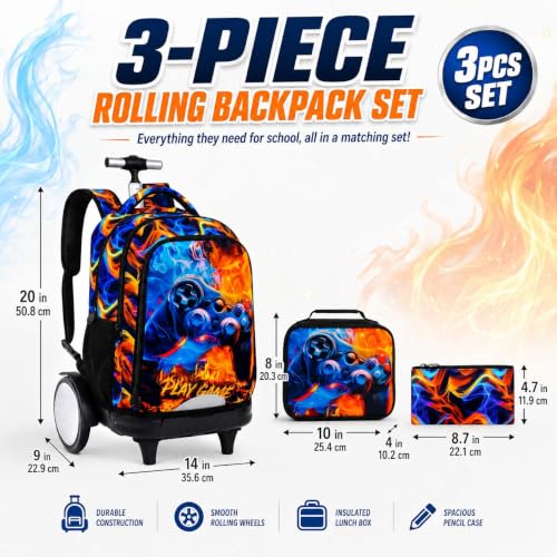 KLFVB Big Quiet-Glide Wheels Rolling Bookbag, 3-in-1 Wheeled Backpack Set with Lunch Bag | Water-Resistant Roller Bag for Boys, School, Travel, Play - Flame Game Controller - color: Rolling Backpack with Big Wheels - Flame Game