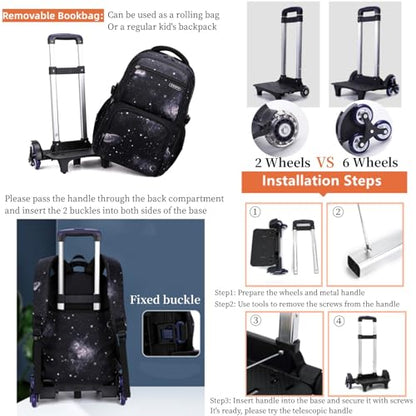 Boys Rolling Backpacks Kids'Luggage Wheeled Backpack for School Kids Trolley Bags Space-Galaxy Roller Bookbag on 2 Wheels - color: Black-starry Sky, style: 2 Wheels+backpack