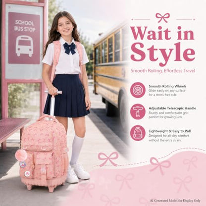 CCJPX 3Pcs Rolling Backpack for Girls, Roller Wheeled School Bookbag, Bow Wheels Backpacks with Lunch Box for Kids (Pink) - color: Bow Pink