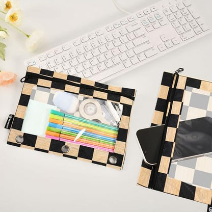 Sandybrown Chessboard Binder Pouches 3 Ring for Boys Girls School Office College Supplies Black Buffalo Plaid Brown Pencil Pouches Case Bag with Clear Window and Zipper 2 Pack - color: Sandybrown