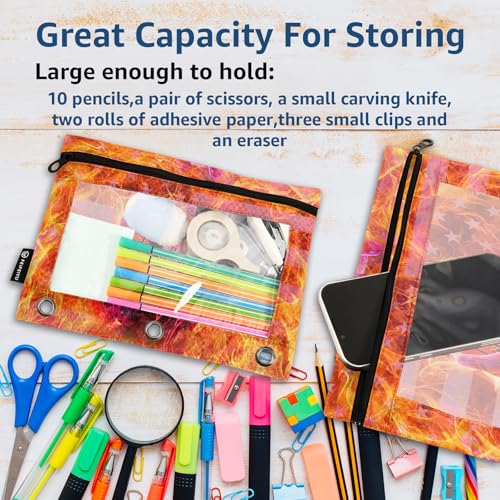 Basketball Pencil Pouch For 3 Ring Binder Clear Window Pencil Case For 3 Ring Reinforced Grommets With Zipper, 2 Pack - color: Basketball