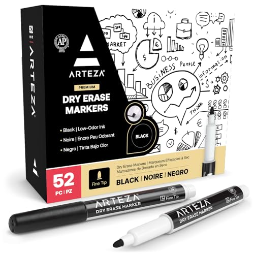 ARTEZA Black Dry Erase Markers Pack of 52, Fine Tip, Low-Odor Black Ink, Classroom-Preferred Whiteboard Markers - size: 1 Count (Pack of 52)