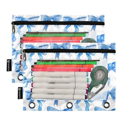 Binder Pencil Pouches Blue Ribbon Bows Watercolor Pen Case | Clear Window 3 Rings, Cosmetic Bags School Office Supplies Cosmetic Makeup Bag 2 Psc - color: Multi-blue Ribbon Bows