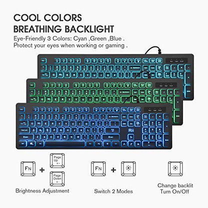 Rii Three Colors Backlit Keyboard and Mouse, Wired Keyboard and Mouse Combo, USB Keyboard and Mouse Set,Quiet Input Gaming Keyboard,Optical RGB Mouse for School,Office,Business and Gaming