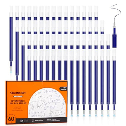 Retractable Gel Pen Refills, Shuttle Art 60 Pack Blue Rollerball Gel Ink Pens Refills, Bulk Set, 0.7mm Fine Point for Writing Journaling Taking Notes School Office Home - color: Blue, size: 60 Count (Pack of 1)