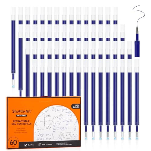 Retractable Gel Pen Refills, Shuttle Art 60 Pack Blue Rollerball Gel Ink Pens Refills, Bulk Set, 0.7mm Fine Point for Writing Journaling Taking Notes School Office Home - color: Blue, size: 60 Count (Pack of 1)