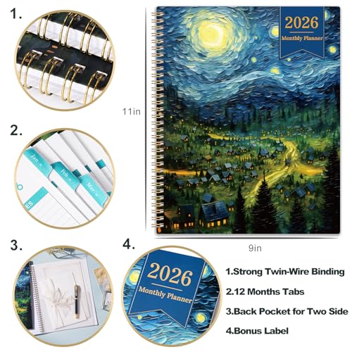 2026 Monthly Planner - 2026 Planner, Monthly Calendar 2026, Jan. 2026 - Dec. 2026, 9" x 11", 12 Month with Tabs & Pocket, Flexible Cover, Twin-Wire Binding, Thick Paper - Starry Skies Painting
