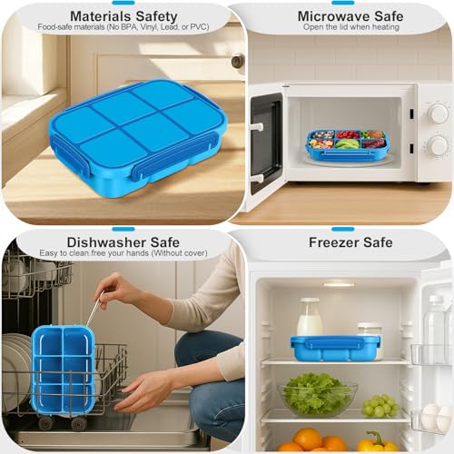 Amathley Lunch Box Kids Girls Boys,Bento Box Adult,Toddler Lunch Containers for School,Leakproof Snack Containers with 6 Compartments,Sauce Container,10 Food Picks and 4 Muffin Cups (Blue) - color: Blue