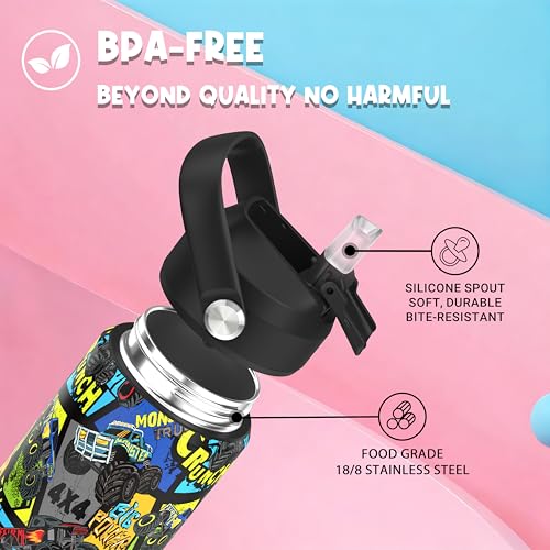 Boys Monster Truck Power Water Bottle for School，Kids 18 oz Insulated Stainless Steel Cup with Straw, Double-Wall Vacuum Leakproof - color: C10.Monster Truck-Power