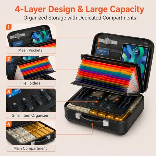 Fireproof Waterproof Document Box with Combination Lock – Hard Shell Fire Safe File Organizer for Important Documents, Certificates, Passports, Laptops & Valuables (Black, 5200°F Rated)