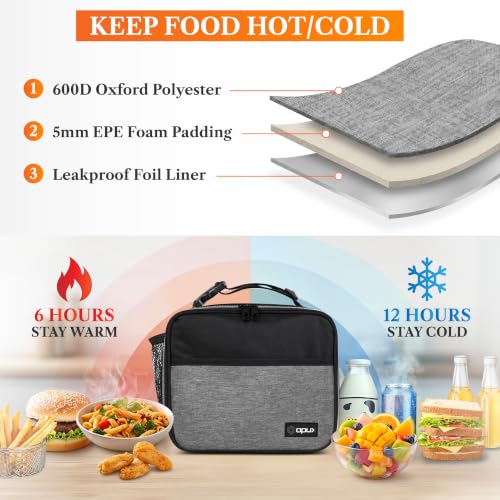 opux Insulated Lunch Bag for Kids, Reusable Lunch Box for School with Leakproof Lining, Compact Soft Cooler Tote for Boys & Girls, Front Pocket, Mesh Side Bottle Holder (Heather Gray) - color: Heather Gray