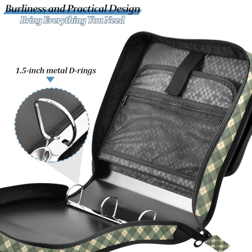 Olive Green Zipper Binder 3 Ring Binder with Zipper 1.5 Inch Shoulder Strap & Handle Binders Organizer Bag Gingham - color: Olive Green
