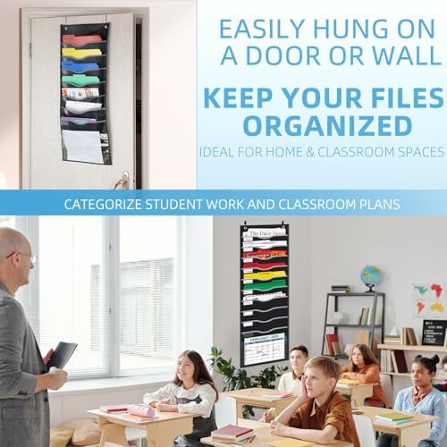 ALSLEA 11 Pockets Hanging Wall File Organizer 15" Extra Wide Pocket Chart for Classroom, Office, Home, Mail Organizer Wall Mounted with 1 Writable Clear Pocket, 5 Wall/Door Hooks & 12 Labels (Black) - size: Large (11 Pockets)