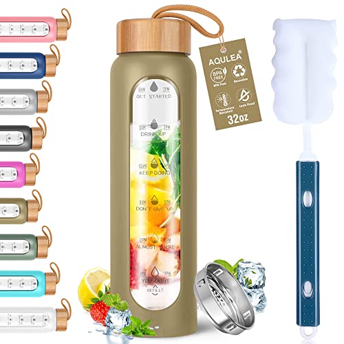 Aqulea Glass Water Bottles 32 Oz with Silicone Sleeve - BPA Free Reusable Wide Mouth Glass Motivational Water Bottles with Fruit Infuser – Leak Proof Borosilicate Water Bottle with Time Marker (Champ) - color: Champagne, size: 32 Ounces