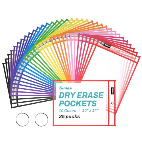 SUNEE 35 Packs Oversized Reusable Dry Erase Pocket Sleeves with 2 Rings, 10 Assorted Colors 10x14 Ticket Holders, Clear Plastic Sheet Protectors, Teacher School Classroom Supplies - color: Assorted Colors, style: 35 Pack