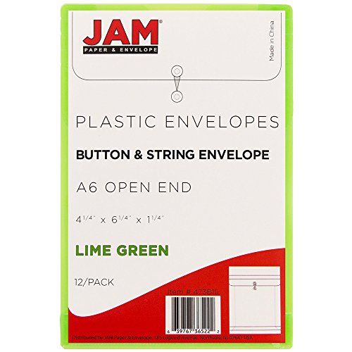 JAM PAPER Plastic Envelopes with Button & String Tie Closure - 4 1/4 x 6 1/4 - Lime Green - 12/Pack - color: Lime Green, size: 4 x 6