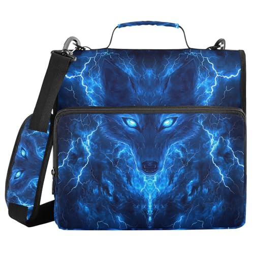 Blue Wolf with Glowing Eyes 3 D-Ring 2 inch Zipper Binder Bag with Shoulder Strap, Multi-Pocket Portfolio Organizer Case for 13 Inch Laptop Middle School - color: Blue Wolf Glowing Eyes