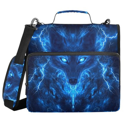 Blue Wolf with Glowing Eyes 3 D-Ring 2 inch Zipper Binder Bag with Shoulder Strap, Multi-Pocket Portfolio Organizer Case for 13 Inch Laptop Middle School - color: Blue Wolf Glowing Eyes