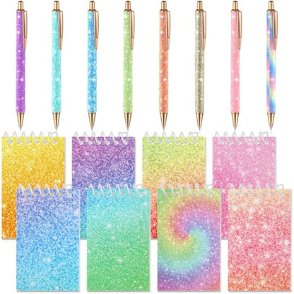 Sherr 16 Pcs Glitter Pens and Notebooks Set Mini Spiral Notepads Fancy Pens for Kids Girls Women Sparkly Sequins Journaling Ballpoint Christmas Birthday Gift Classroom Rewards(Macaron Colors) - color: Macaron Colors