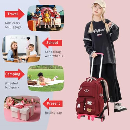 Girls Rolling Backpack for School Elementary, Kids Rolling School Bag with Wheels, Wheeled Backpack Bookbag on 2 Wheels for Girls, Red - color: 2 Wheels Red