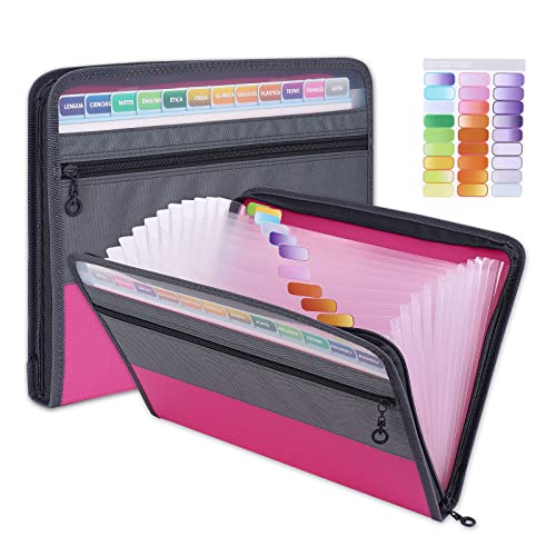 MEGREZ Expanding File Folder with 13 Pockets, A4 Paper File Folder with Zipper Color Labels, Waterproof Accordion File Folder Organizer for Home Office, Pink - color: Pink
