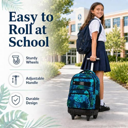 3Pcs Rolling Backpack for Boys Men, Travel Roller Backpacks with Wheels for Adults, Teens College Leaf Wheeled Bookbag with Lunch Box(Green) - color: Green Leaf