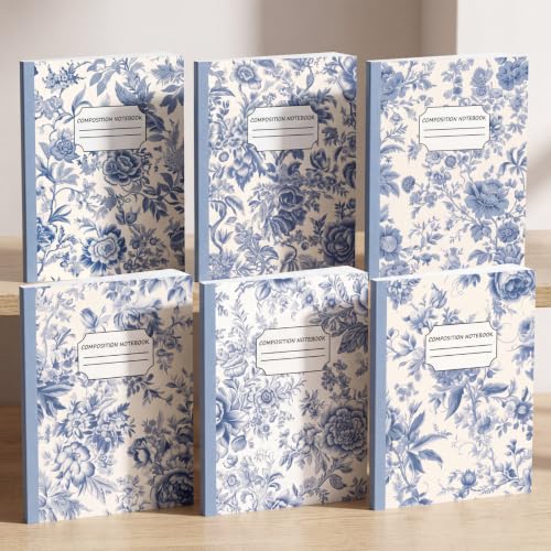 Harloon 6 Pack Composition Notebooks College Ruled Bulk Vintage Blue Flower Composition Notebook 110 Page 7-1/2" x 9-3/4" Journal Back to School Gift for Teacher Student Office First Day of School - style: Blue Flowers