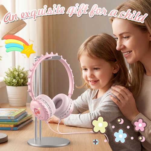 Kids Dinosaur Wired Headphones with Noise Cancelling Pink | Safe 85/94dB Volume Limit, HD Microphone for School, Soft Ear Cups, Pink Headphones for Toddlers & Teens - color: Dinosaur Pink