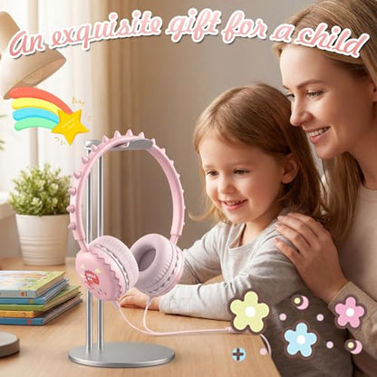 Kids Dinosaur Wired Headphones with Noise Cancelling Pink | Safe 85/94dB Volume Limit, HD Microphone for School, Soft Ear Cups, Pink Headphones for Toddlers & Teens - color: Dinosaur Pink