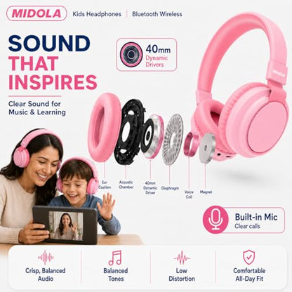 MIDOLA Kids Bluetooth Headphones 68H Play Time,Volume Limit 85/94dB, Foldable Lightweight Wireless Over-Ear Headphone for Toddler Kid Child Pad,Headsets with Aux Built-in Mic Pink - color: Pink