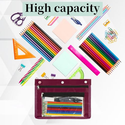 YoeeJob 2 Pack 1 Inch Expandable Zipper Pencil Pouches with Clear Window for 3 Ring Binder, Suitable for School & Office（Wine-red） - color: Wine-red
