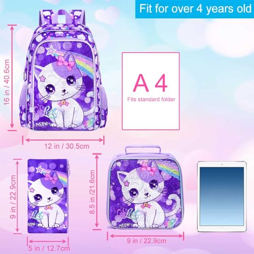 gxtvo 3PCS Girls Backpack, 16" Sequin Prechool Elementary Bookbag and Lunch Box - color: Sequins Girls Cat Backpack