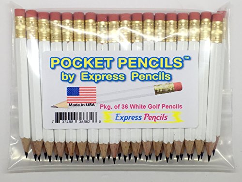 Half Pencils with Eraser - Golf, Pew, Short, Mini, Small, Non Toxic - Hexagonal, Sharpened, #2 Pencil, Color - White, Pkg of 36 Pocket Pencils™