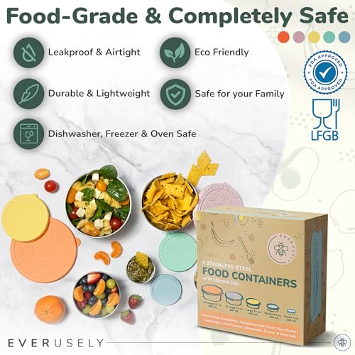 Stainless Steel Food Containers, Metal Lunch Boxes, Set of 5, Bright | Everusely lunch containers feature colorful lids and offer durable utility for snacks, meal prep, and food storage. - color: Bright